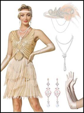 1920s Flapper Sequin Dress V-Neck Sleeveless Fringed Beaded with Accessories